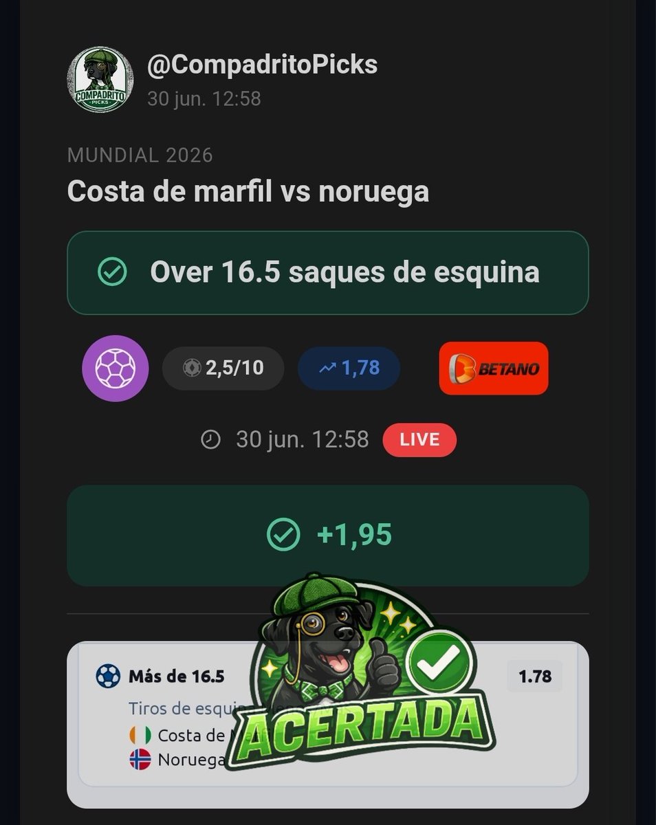 CompadritoPicks's tweet photo. Compadritos!
Les había dejado tres pre partido y fueron acertadas.
Dos live pero lastimosamente nos fallo una.
Pendientes https://t.co/7Mto4YuGlM