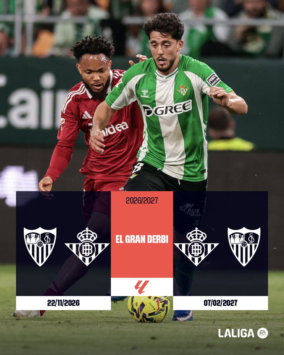 LaLiga's tweet photo. Sevilla se prepara para vivir dos partidos inolvidables. ❤️ 🌃 💚

📅¡No te pierdas las fechas del Derbi Sevillano! https://t.co/FvVm3sAiD8