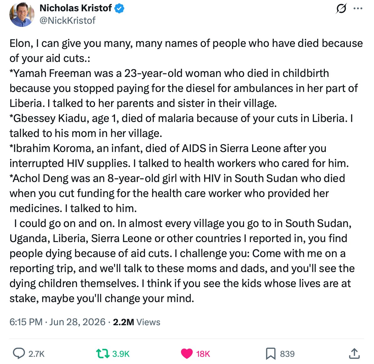 TyBealPhD's tweet photo. Marco Rubio and Elon Musk claim that no one died from shutting down USAID. Yet the best estimates are between 8–20 million by 2030. We can debate the exact number—but it's clearly in the millions.

When confronted by actual names by @NickKristof, who has gone to the villages and talked to the families, Musk's only response was to call him "an utter piece of shit and a liar." Elon Musk is not just out of touch with reality. He is causing real, devastating harm to the world's poorest people.
