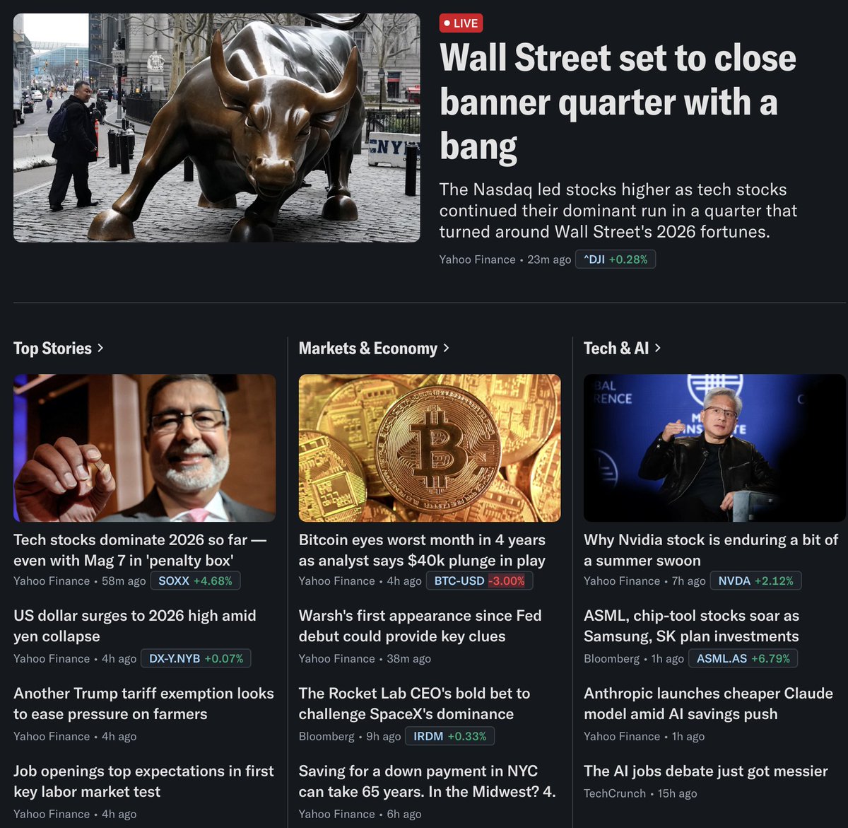 ArendJanKamp's tweet photo. Q2 2026 was één groot beursfeest (tenzij u geen chippies had)
Zo ziet voorpagina Yahoo Finance er uit, het kan allemaal niet op 
Zie ook tweede headline onder 'Tech &amp; AI'

#Kans kwam dus naar ons toe in Q2 (en verstandige belegger let dan op #risico)
https://t.co/YxSeE5E611 https://t.co/eYmhjequL8