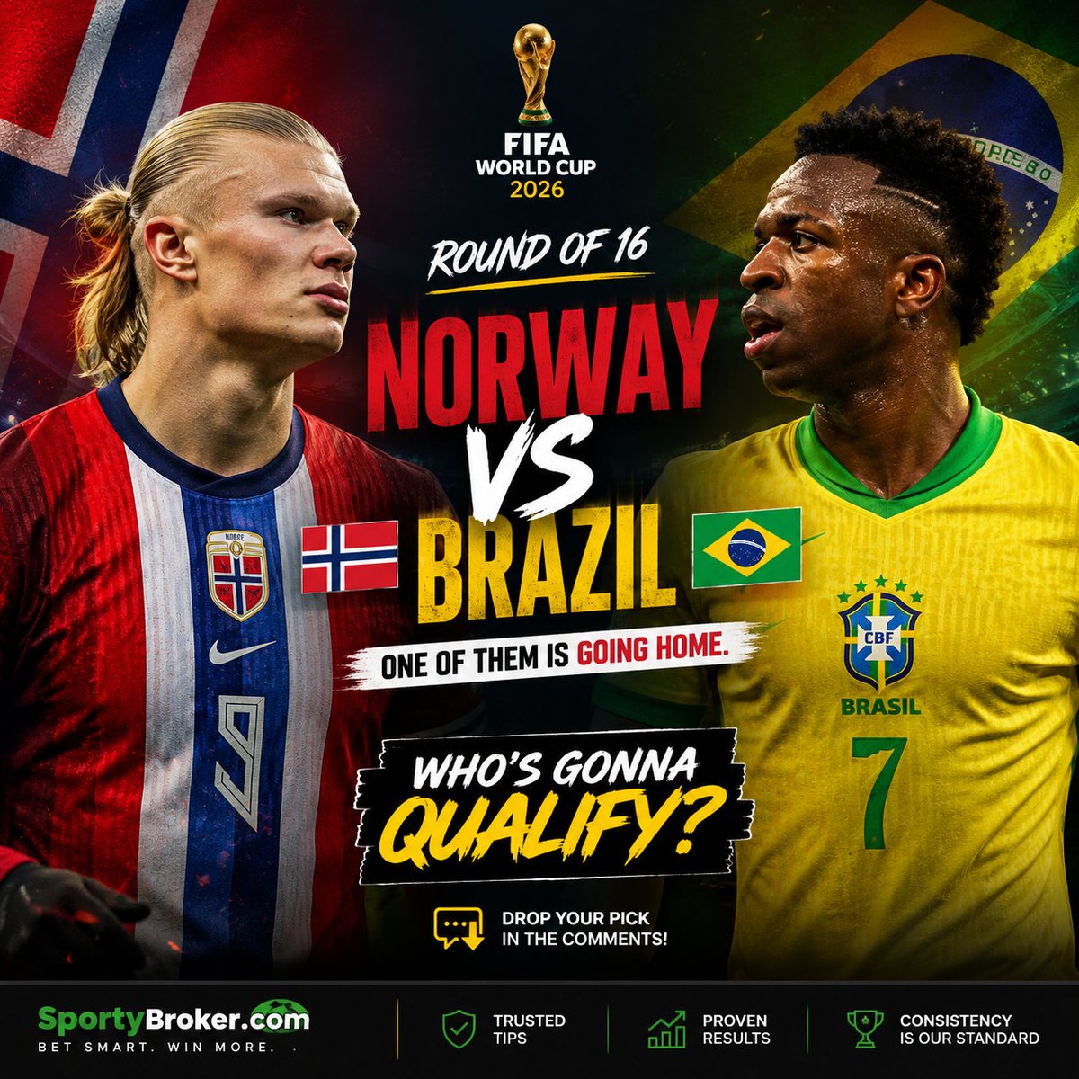 Sportybroker's tweet photo. 🇳🇴 Norway 🆚 Brazil 🇧🇷

Round of 16. World Cup.

One of them is going home. 👀🏆

Who's booking a place in the quarter-finals?

🇳🇴 Norway or 🇧🇷 Brazil? 👇 https://t.co/Nu0116E151