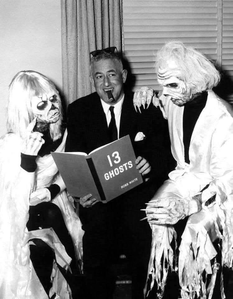 HorrorHammer1's tweet photo. William Castle during the production of 13 Ghosts in 1959.  Hanging out with a couple of his 👻 ghosts https://t.co/HBZpko6WBB