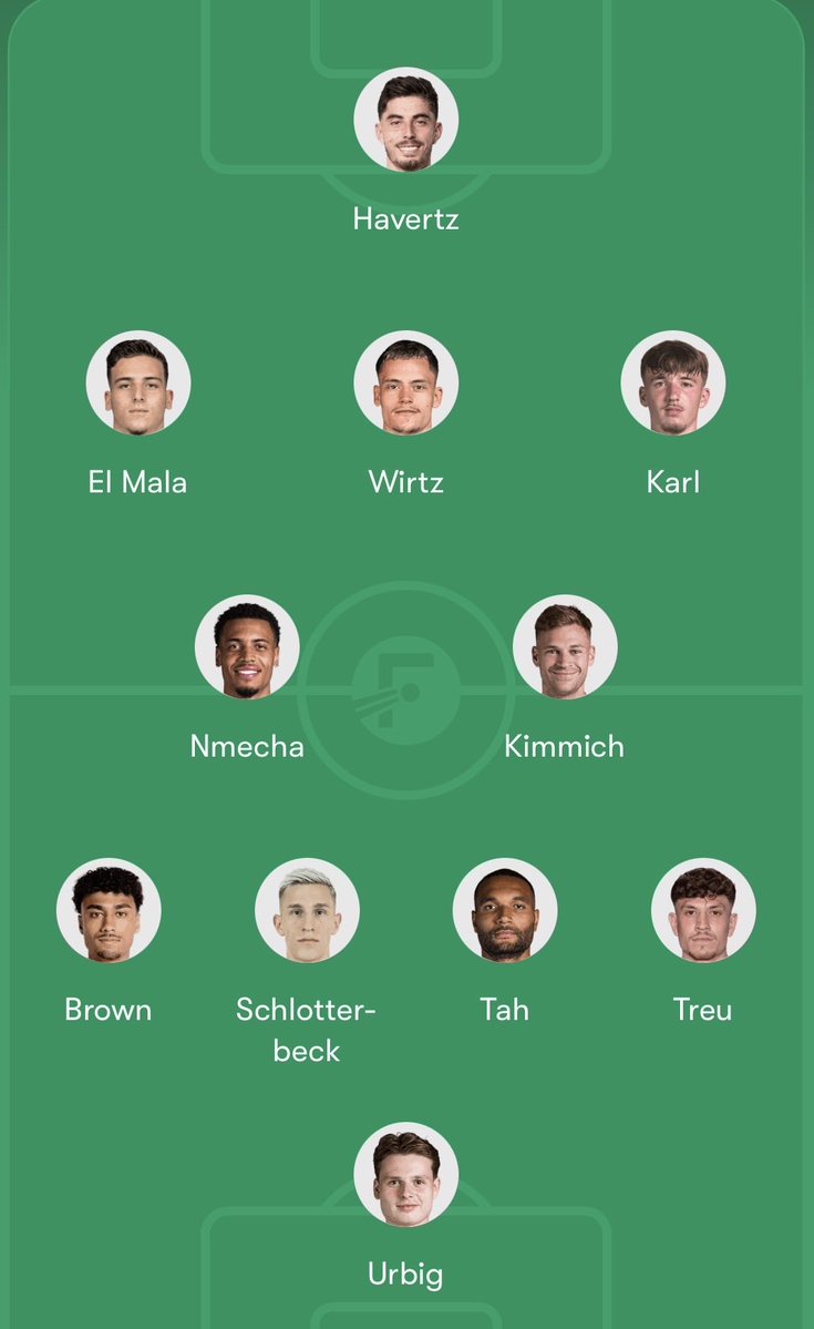 SwepixTv's tweet photo. Herausforderer:
T: Atubolu, Nicolas
A: Bisseck, Thiaw, Jeltsch, Henrichs, Raum
Def M: Pavlovic, Bischof, Eichhorn
Of M: Musiala, Ouedraogo, Adeyemi, Schade
S: Undav, Tresoldi, Woltemade

Trainer: Klopp https://t.co/HorRuNj21c