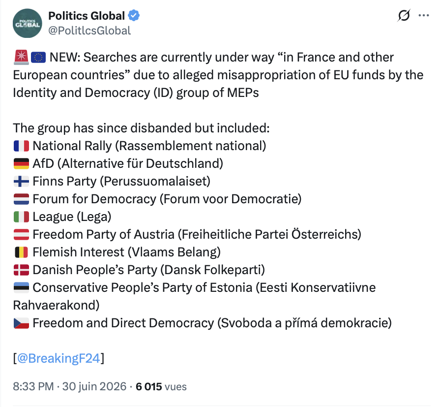 AlexTaylorNews's tweet photo. Oh look ! Police raids today in far right populist offices and homes all over Europe investigating widespread "misappropriation of funds"👇

Dodgy money - one thing Farage 𝒅𝒐𝒆𝒔 have in common with his European counterparts https://t.co/GsbLRwXK1C