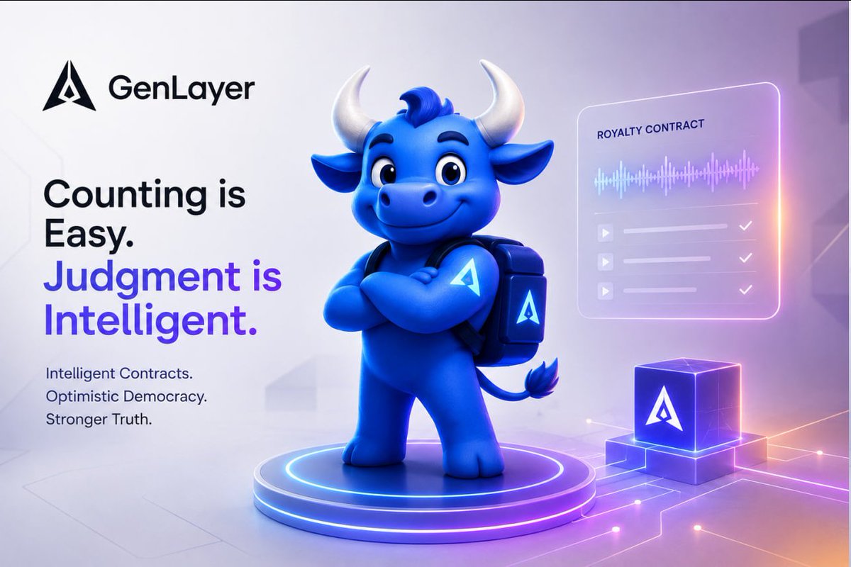 Defifundamental's tweet photo. A Royalty Contract Can Count Every Stream. It Cannot Decide What Counts as Your Song.

Take a music platform like Audius, where payments to artists already live on chain.

The smart contract is flawless at one job. It counts streams and splits the money to the last cent.

Then the hard question arrives.

Someone uses four seconds of your track under a viral video. An AI generates a song "in your style" that sounds unmistakably like you. A remix keeps your melody and none of your words.

Does any of that count as your work? Each one triggers a royalty or it does not, and the answer is not in the data.

The stream count is a fact. Whether a two second sample is "your song" is a judgment.

A smart contract reads the play count to the decimal. It cannot rule on what "derived from" was meant to cover, because that needs interpretation, not computation.

This is the kind of project @GenLayer could supercharge as the adjudication layer for the agentic economy. Its Intelligent Contracts read the actual clause and weigh the evidence.

Through Optimistic Democracy, randomly selected validators each running a different AI model judge whether the use crossed the line and reach consensus. Disagree and the set rotates; anyone can appeal until finality.

This only gets bigger. When AI agents generate a thousand tracks an hour, "is this derived from your work?" becomes the most expensive question on the internet, and no payment rail can answer it.

What is one thing you are sure is "yours" that you could not prove in code?