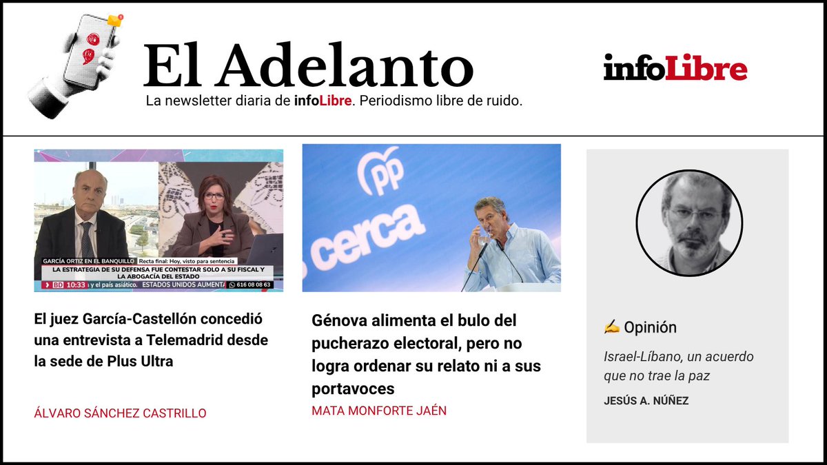 jesusmarana's tweet photo. 🗞️ EL ADELANTO de @_infoLibre 

El juez García-Castellón concedió una entrevista a Telemadrid desde la sede de Plus Ultra.

Génova alimenta el bulo del pucherazo electoral, pero no logra ordenar su relato ni a sus portavoces…

https://t.co/MCJf3b74Tk https://t.co/VvB3exfUQ4