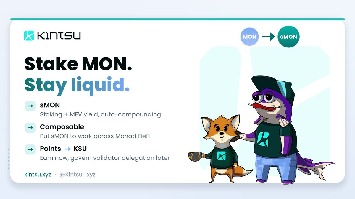 SYatenko70936's tweet photo. Most people stake MON and forget about it

That's idle capital.

@Kintsu turns it into a working asset → stake MON, get sMON:

One token. Yield + liquidity + a vote.
Idle MON is dead MON ) https://t.co/r7tZTSFPNf