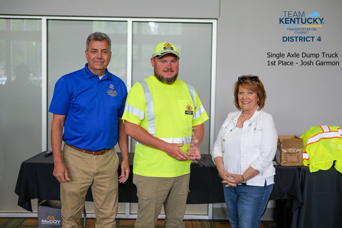 kytcdistrict4's tweet photo. District 4 placement winners in the Statewide Roadeo:

-Josh Garmon, Taylor Co, 1st in Single Axle Truck

-Stephen Daughtery, Hardin Co, 2nd in Tandem Axle Truck

-Matthew Stargle, Taylor Co, 3rd in Skid Steer

Josh and Stephen will represent at the regional event, in October. https://t.co/gytzpYMmI7