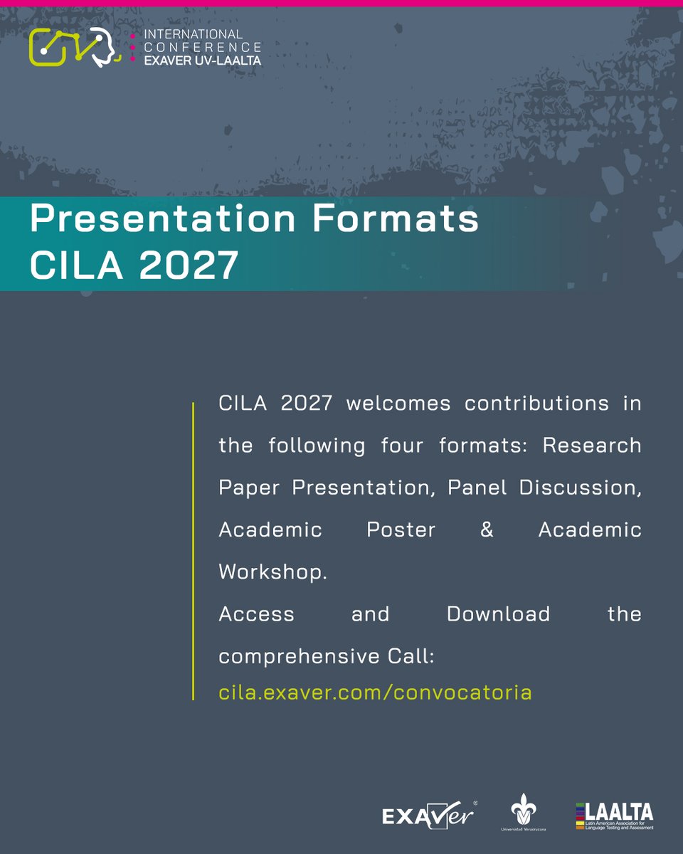 EXAVER's tweet photo. The CILA 2027 invites to submit proposals related to the conference strands.

Expected presentation formats:
🔺Research Paper Presentation
🔺Panel Discussion
🔺Academic Poster
🔺Academic Workshop

Submit your proposal for CILA 2027 at https://t.co/yrtK7SUKcY https://t.co/ijHBQS6iPf