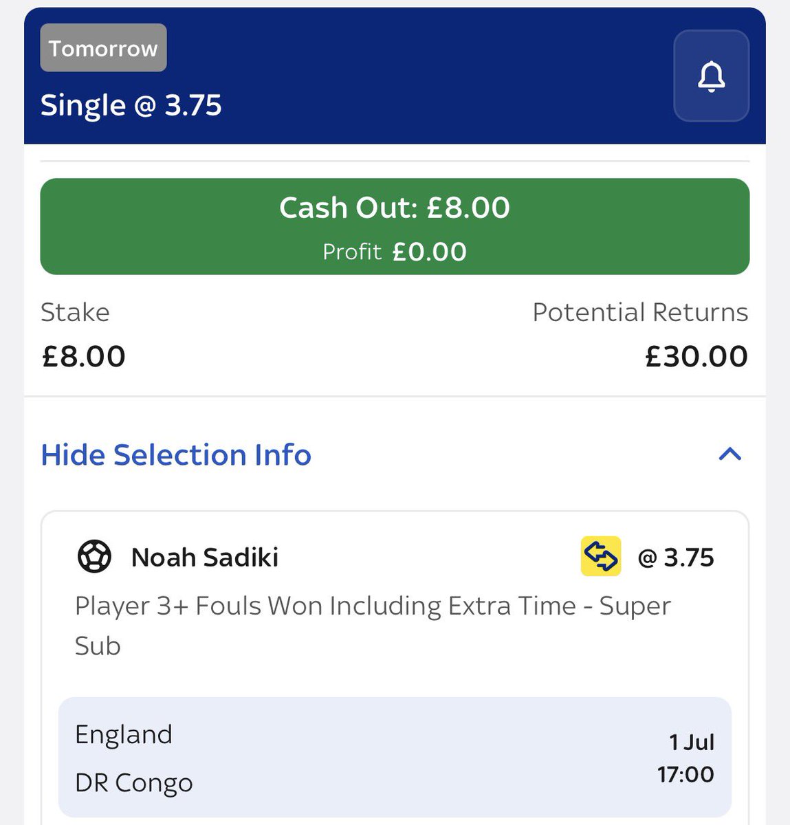 TheLadderLad's tweet photo. World Cup🪜 Bet #153

England 🏴󠁧󠁢󠁥󠁮󠁧󠁿 v DR Congo 🇨🇩

Noah Sadiki 🇨🇩 Fouls Won Ladder

Bet 1 - Over 1.5 @ 2 | 1.6U
Bet 2 - Over 2.5 @ 3.75  | 0.8U

Sky 🔵

📊 Sadikis fouls won in last 7 Starts with supersub 

3,3,2,2,4,0,2

86% Hit rate on bet 1 and won 3 v Uzbekistan https://t.co/GJt0hHFZyd