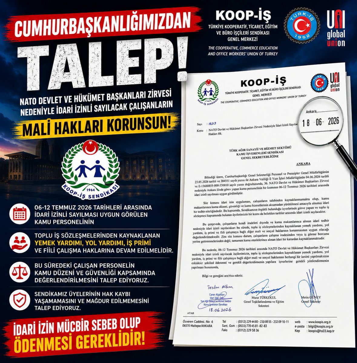 nevnaz2323's tweet photo. İdari izin nedeniyle çalışanların mali haklarında kesinti yapılması adalet duygusunu zedeler.

Yemek, yol, iş primi ve diğer tüm haklar eksiksiz ödenmelidir.

Emeğin hakkını savunmaya devam edeceğiz. ✊🇹🇷

@iletisim @tcbestepe @csgbakanligi @HMBakanligi @alemdareyup @metinguney10 https://t.co/SR3ErtvwNr