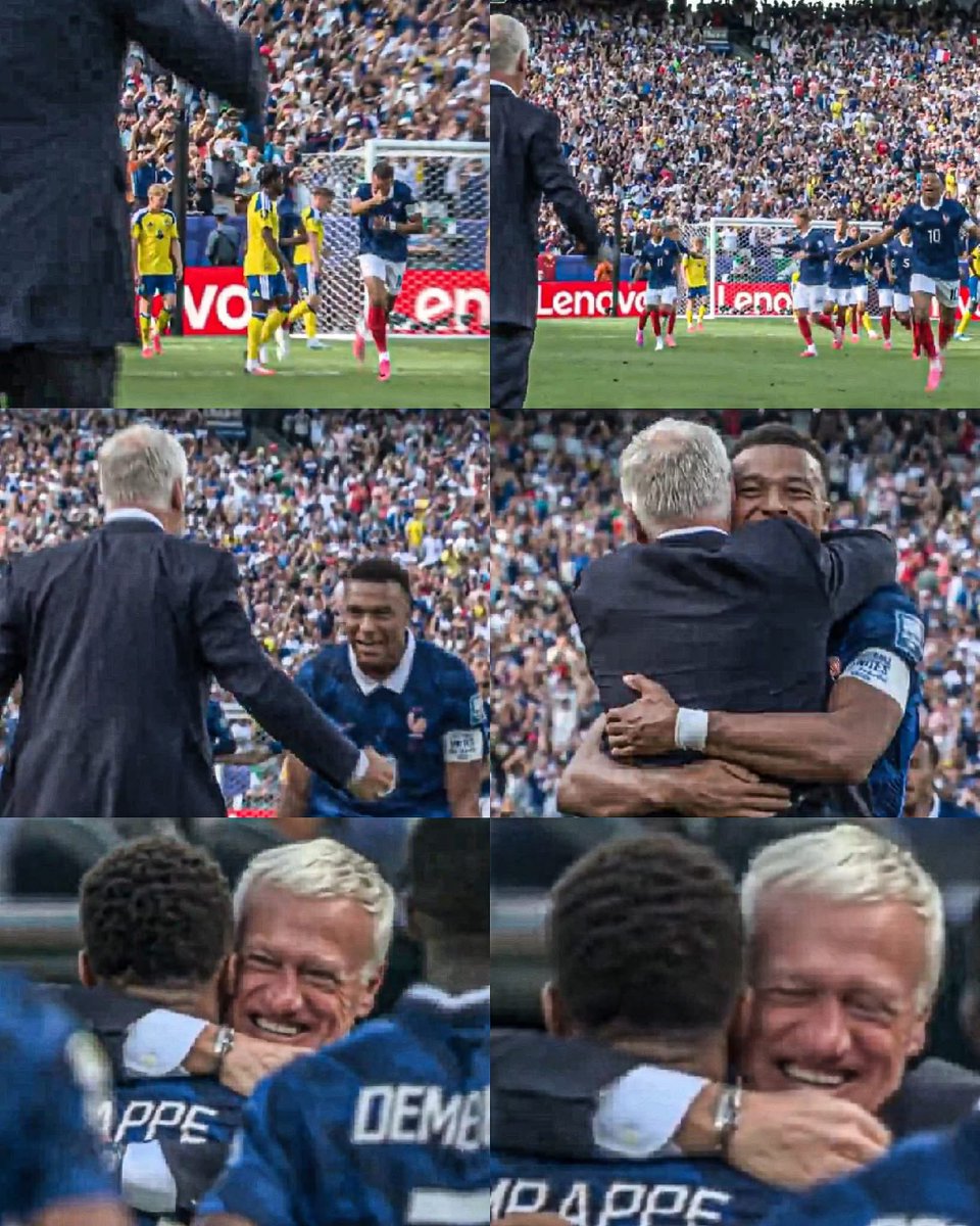MotivacionesF's tweet photo. ¡UFFFF, QUE MOMENTAZO!

Justo después de convertirse en el segundo máximo goleador de la historia de los mundiales.

Kylian Mbappé salió corriendo al banquillo para celebrarlo con su técnico dándole un hermoso abrazo a Didier Deschamps quien hace unos días sufrió el fallecimiento de su madre.

Recordemos que Didier Deschamps no estuvo en el partido ante Noruega, ya que viajó hasta Francia para darle el último adiós a su madre. Y ahora que está de regreso. Kylian Mbappé le dedicó el gol más importante de su carrera. 

ES EL FESTEJO MÁS HERMOSO DEL MUNDIAL.