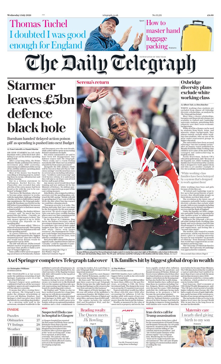 WithyGrove's tweet photo. The Daily Telegraph 🇬🇧: Starmer leaves £5bn defence black hole / Axel Springer 🇩🇪 completes Telegraph takeover …. 😂 

#TomorrowsPapersToday #AxelSpringer #Starmer #Starmergeddon https://t.co/8baJwfOam0