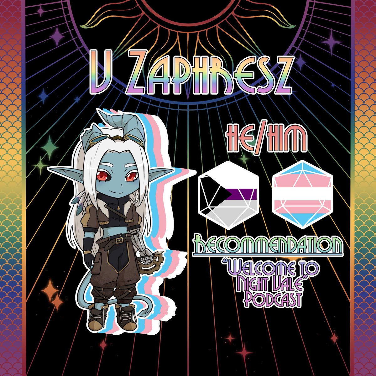 DoMTOfficial's tweet photo. 🏳️‍🌈Happy Pride Month!🏳️‍🌈
To celebrate, our queer char &amp; their identities, &amp; a piece of media they would rec!

Featured char....V Zaphresz
Pronouns: He/Him
Flags: Demi/Trans
Queer Media Rec: "Welcome to Nightvale" Pod

#dnd5e #dnd #dungeonsanddragons #domt #deckofmanytales https://t.co/YCPWjuuk10