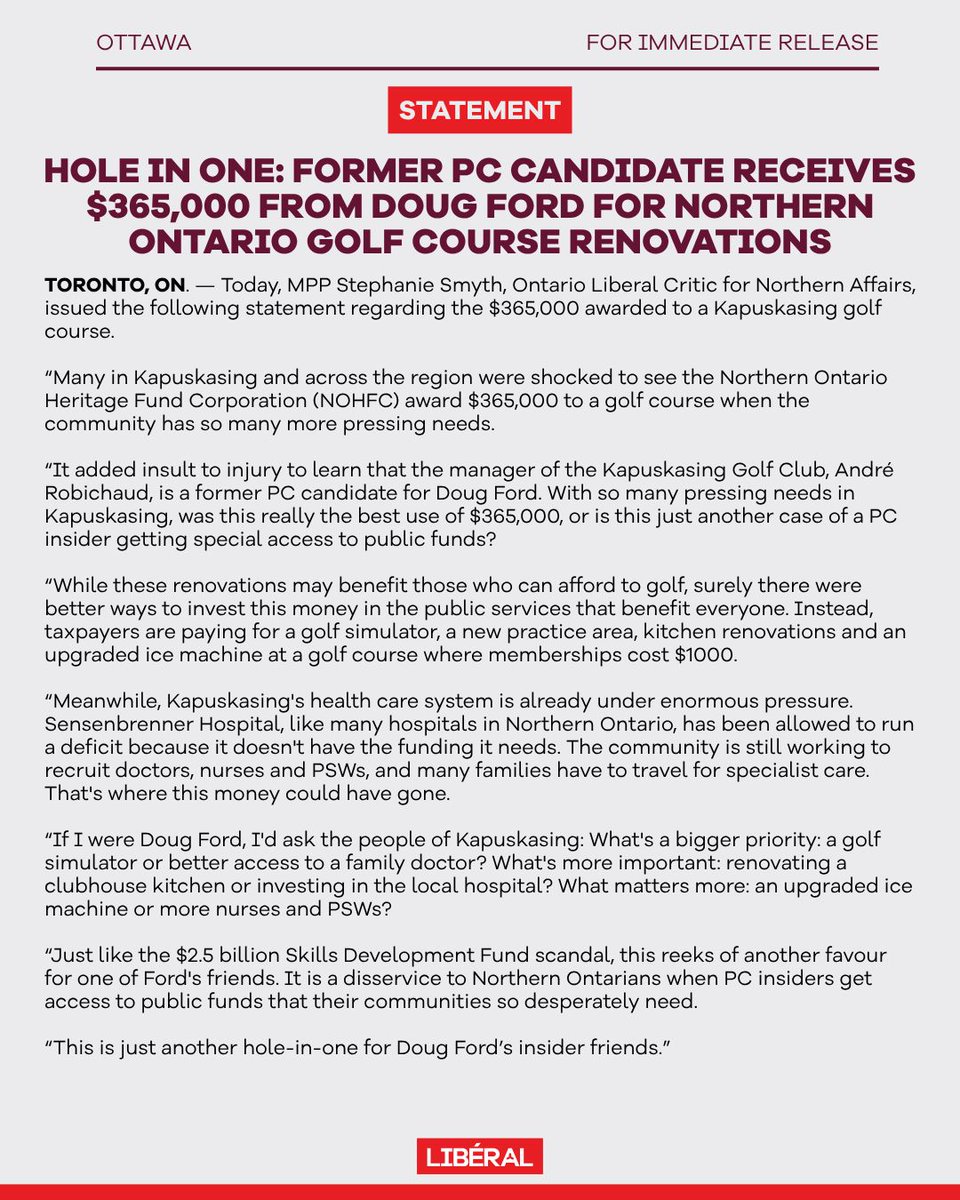 OntLiberal's tweet photo. Kapuskasing needs doctors, nurses, and a properly funded hospital. Doug Ford’s out-of-touch government awarded $365,000 to a golf course managed by a former PC candidate.
A golf simulator. Clubhouse renovations. An upgraded ice machine.
Northern Ontario families deserve better priorities than another hole-in-one for well-connected insiders.
#onpoli
