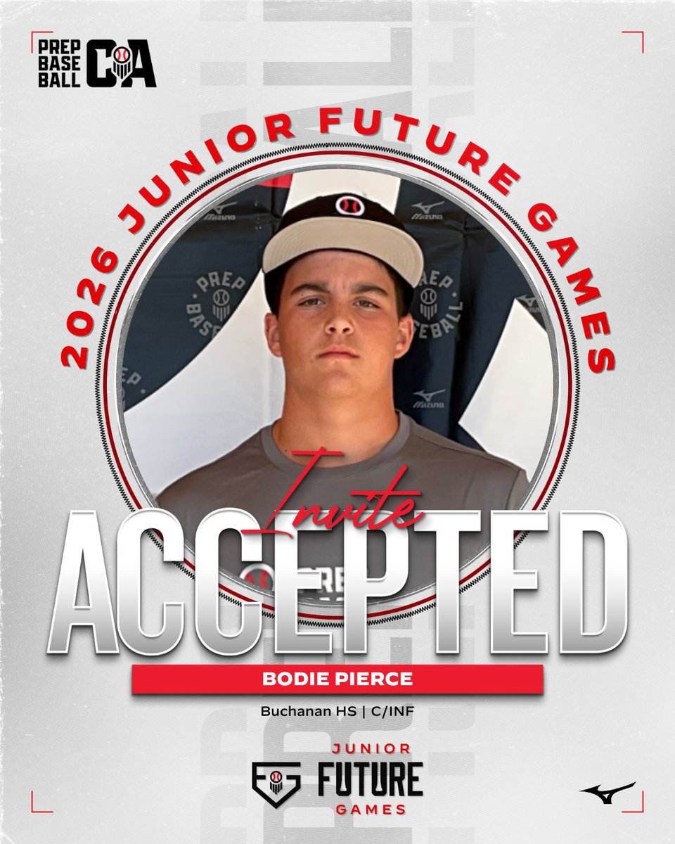 PrepBaseballCA's tweet photo. ⚾𝗪𝗲𝗹𝗰𝗼𝗺𝗲 𝘁𝗼 𝘁𝗵𝗲 𝗝𝘂𝗻𝗶𝗼𝗿 𝗙𝘂𝘁𝘂𝗿𝗲 𝗚𝗮𝗺𝗲𝘀✈️ 

Bodie Pierce has accepted✅ his invitation to represent California at the 2026 Prep Baseball Junior Future Games!

#BeSeen #ShapeTheState #PBJFG26

👤 https://t.co/vCpDsRby3Q | @BodiePierce07 https://t.co/tKPM3NNNoD