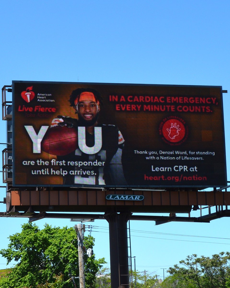 American_Heart's tweet photo. Cleveland Browns cornerback Denzel Ward is taking his impact beyond the field as an American Heart Association Nation of Lifesavers™ NFL Player Ambassador. After losing his father to sudden cardiac death, Ward is sharing a lifesaving message: anyone can perform Hands-Only CPR.

If a teen or adult collapses: Call 911. Push hard and fast in the center of the chest until help arrives.

“CPR is a personal duty,” he said. “Heroism isn’t limited to uniforms — it is everyday people stepping up for others. Whether you’re at home, at the gym, or at a Browns game, cardiac arrest can happen anywhere, and you’re most likely to save someone you know.”

Ward put billboards across Cleveland for National CPR and AED Week earlier this month to remind people they are the first responder until help arrives.

Most cardiac arrests happen outside a hospital. Yet CPR is given only about 41 percent of the time. 

#nationoflifesavers