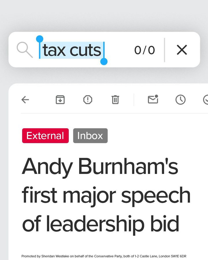 Lough_Cons's tweet photo. In a 30 minute speech, not a single word about cutting your taxes.

Andy Burnham won’t cut your taxes. Kemi Badenoch will. https://t.co/9vYNnVZU7Y