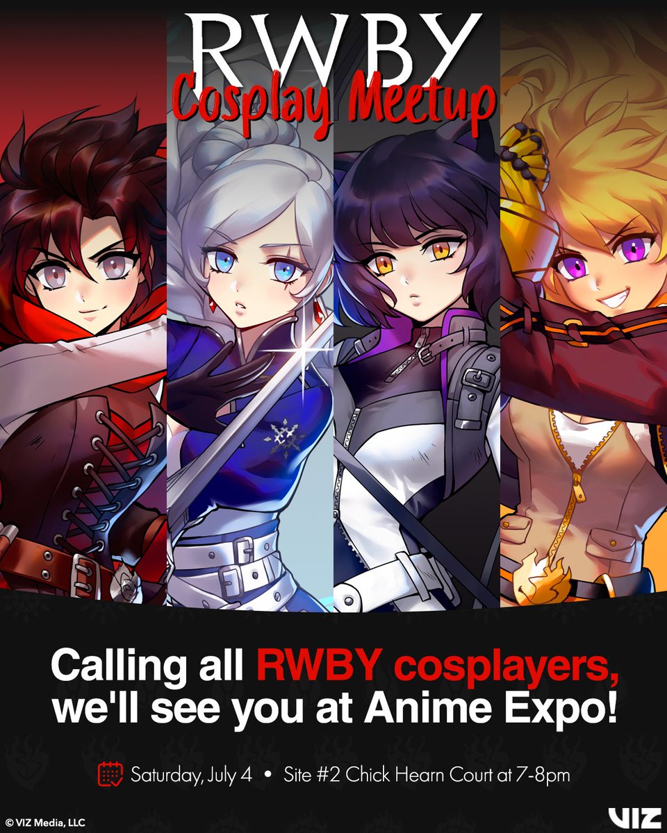 OfficialRWBY's tweet photo. .@AnimeExpo is almost here! ❤️🤍🖤💛

Don’t forget: the RWBY Official Cosplay Meetup takes place this Saturday at 7PM! Get your cosplay ready and join fellow Huntsmen and Huntresses ✨ https://t.co/rMvWKF85ae