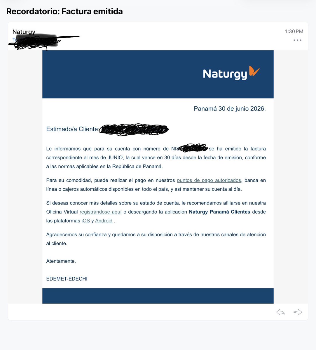carloschock's tweet photo. Sres @NaturgyPa como les solicito no envío de estos correos? Si mi factura fue emitida hace 15 días, no vence hoy ni mañana. Vence en 15 dias.  Es una total falta de respeto. @ANTAI_Panama @AsepPanama @DefensoriaPan https://t.co/tLzCAe7i2u