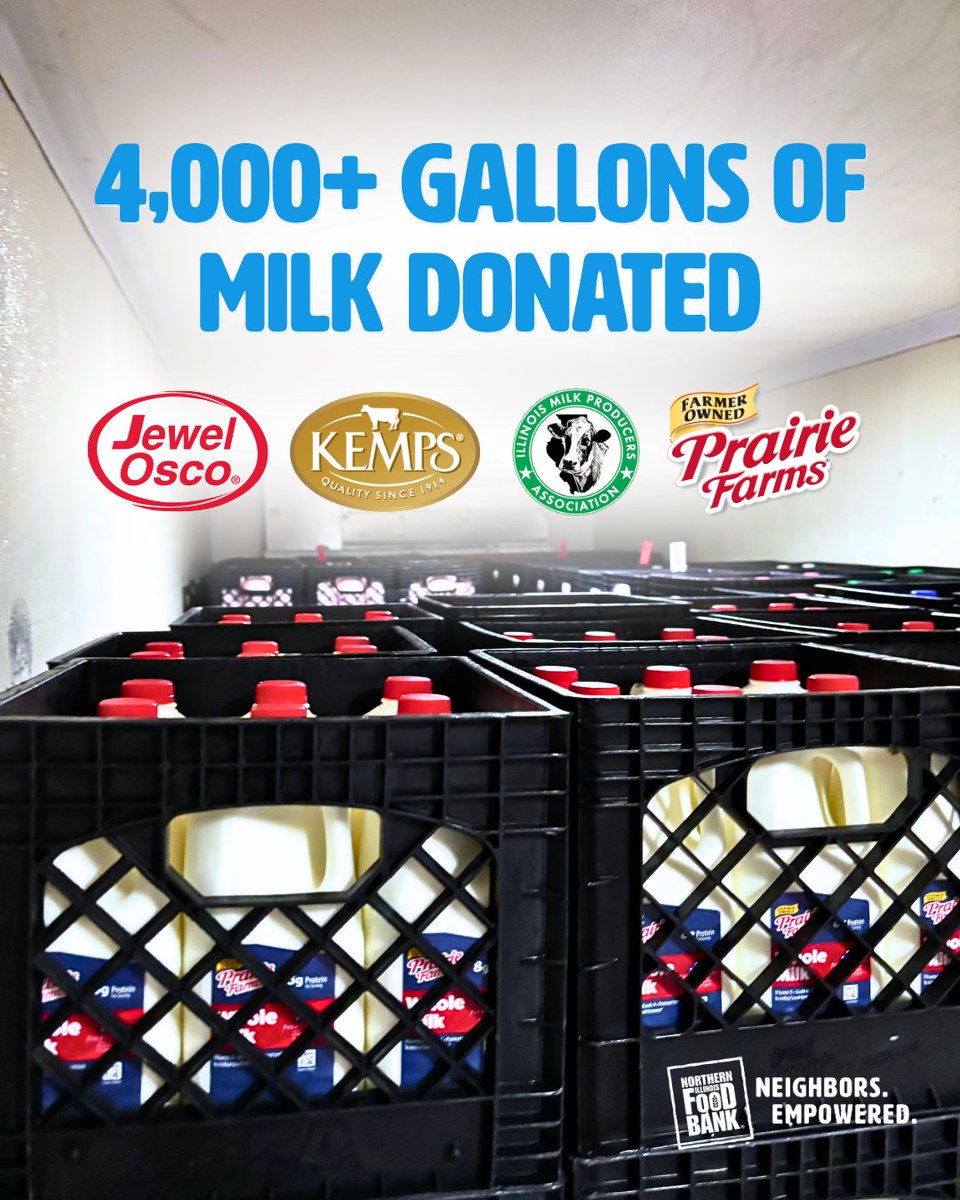 ILfoodbank's tweet photo. Our partners showed up for #NationalDairyMonth! 🥛 Kemps and Jewel-Osco donated 55,296 single-serving shelf-stable milks. MPA/Illinois Milk Producers Association and Prairie Farms Rockford added more than 600 gallons.

That’s over 4,000 gallons of milk for our neighbors! https://t.co/kCdoPxZIVf