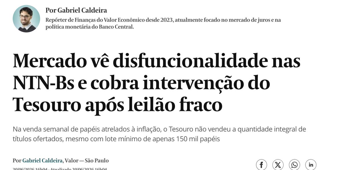 opapoeconomico's tweet photo. Tesouro ofereceu 150 mil NTN-Bs hoje. Lote mínimo. Praticamente simbólico.

Não conseguiu vender tudo.

Semana passada cancelou o leilão inteiro. Essa semana reduziu a oferta pro menor nível possível e mesmo assim sobrou papel.

Mercado vê disfuncionalidade no juro real e cobra intervenção do Tesouro com recompra de títulos.

Tradução: o governo brasileiro está tendo dificuldade de se financiar. Investidores não aceitam as taxas oferecidas.

NTN-B pagando IPCA+8% e o mercado dizendo que não quer. Quando o comprador de dívida soberana faz greve, o problema não é o comprador.