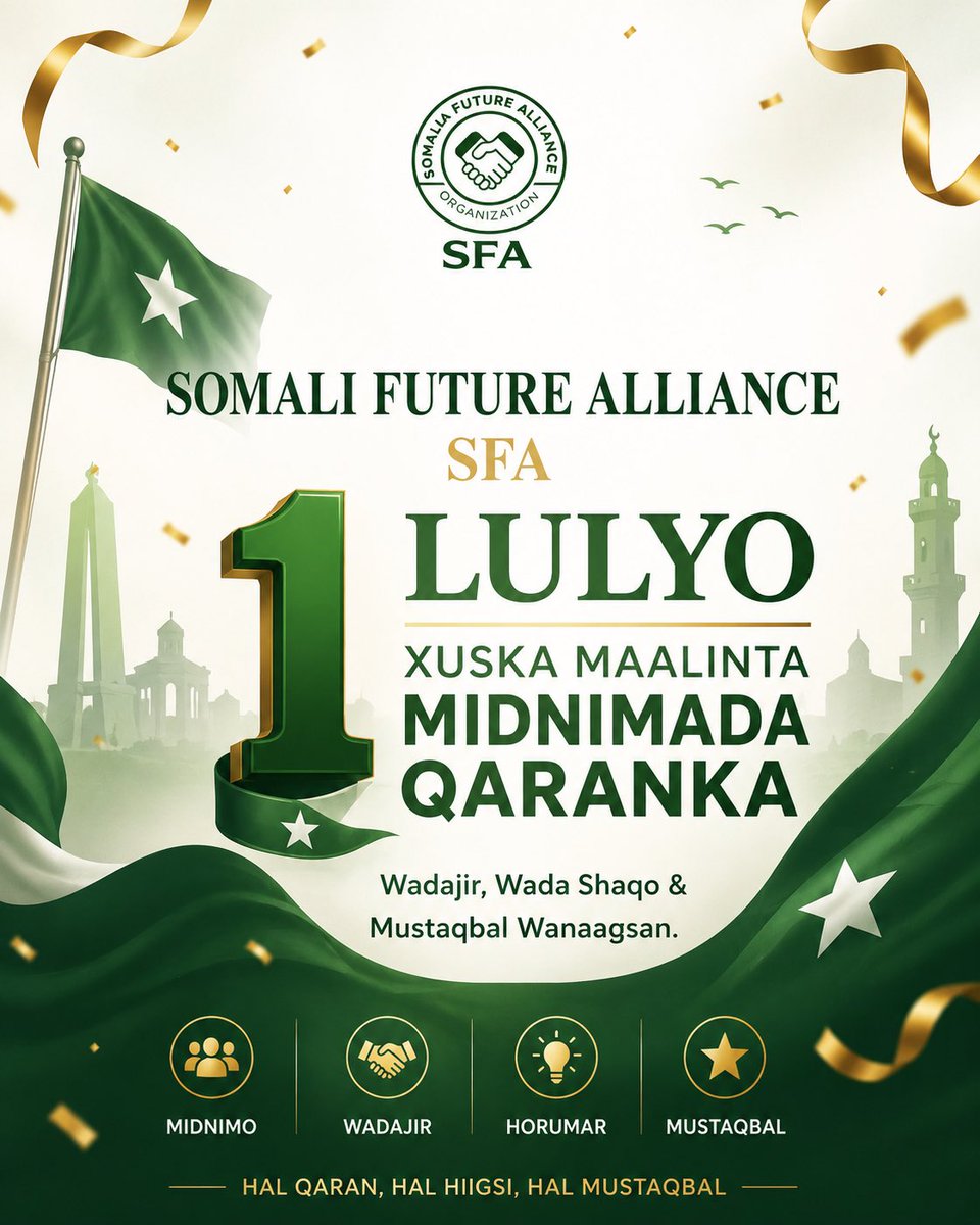 SomaliFutureA's tweet photo. Happy 1st of July!

Celebrating Somalia's Independence and Unity Day
Today, we proudly honor the courage, sacrifice, and resilience of those who fought for our nation's freedom. May this historic day inspire unity, peace, and lasting progress for all Somalis.

#Somali
#peace https://t.co/OeP11gWr2U