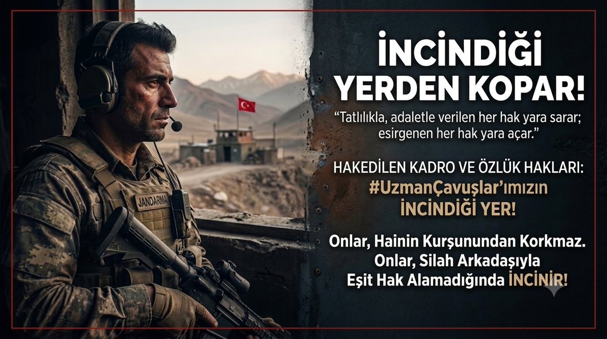 omrdnz490's tweet photo. 📌 İNCİNDİĞİ YERDEN KOPAR!
​
​"Tatlılıkla, adaletle verilen her hak yara sarar; kullanılmasını bilmeyen, esirgenen her cümle ve her hak ise yara açar."

​Yıllardır vatan nöbetinde bir an bile gözünü kırpmayan, dağda, bayırda, sınır ötesinde şehadete yürüyen kahraman #UzmanÇavuşlar ımızın göğsündeki kırgınlık tam olarak budur.

​İnsan, hayatın zorlukları karşısında ya da mücadelenin ağırlığından dolayı inceldiği yerden kopmaz.

​İnsan, tam da İNCİNDİĞİ YERDEN KOPAR!

 İncindiği yerden yara alır!
​Kahraman şehit olur, gazi olur, kurşundan kaçmaz ama; cephede omuz omuza savaştığı silah arkadaşıyla aynı özlük haklarına, aynı emeklilik güvencesine sahip olamadığında incinir!

​Kahraman kışta kıyamette vatanı bekler ama; yıllarca bu devlete hizmet ettikten sonra önünü göremediği, geleceğini emanet edemediği o "Sözleşme" prangasıyla baş başa bırakıldığında incinir!

​Kahraman her riski göze alır ama; anasının ak sütü gibi helal olan KADRO hakkı kendisinden esirgenip, mağduriyeti görmezden gelindiğinde incindiği yerden yara alır!

​Silahlı Kuvvetlerimizin bel kemiği olan bu yiğitlerin sesini duymak, yaralarını sarmak adalet borcumuzdur. Vatanı koruyanın geleceği de kanunla, kadroyla güvence altında olmalıdır.

@RTErdogan @dbdevletbahceli
@tcsavunma @alitilkici38 @TEMUD_2024 #UzmanÇavuş #UzmanÇavuşlar #KerpiçEvlerinYiğitleri #UzmanÇavuşaHak #EmekliUzmanÇavuşlar