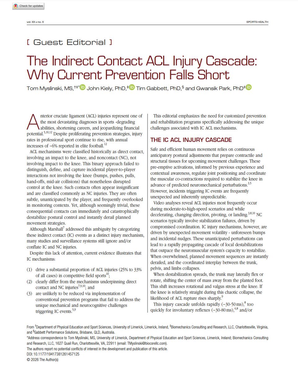 Tatopek1's tweet photo. 🆕"This editorial emphasizes the need for customized prevention &amp; rehabilitation programs specifically addressing the unique challenges associated with indirect contact ACL mechanisms in ⚽️"
👉T. Myslinski @TimGabbett et al. 2026 🇮🇪
📂Open Access: https://t.co/de4YpgSpgb https://t.co/YekTQmPE2i