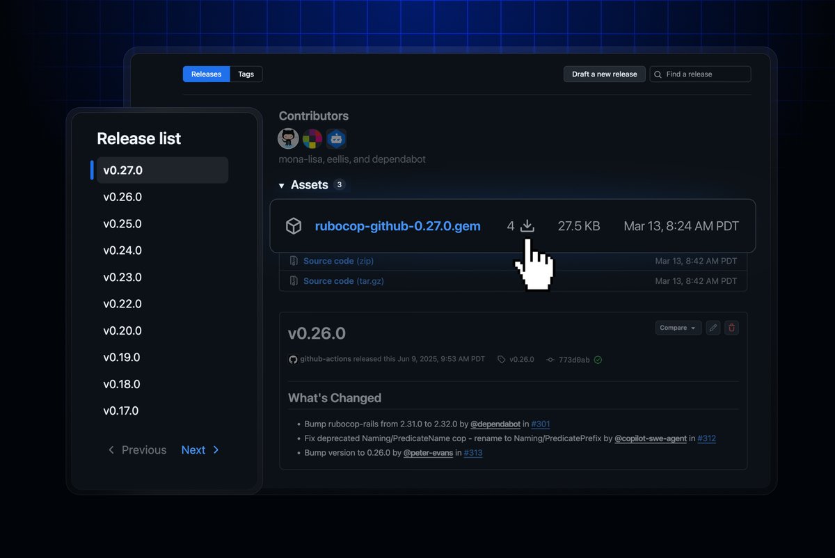 moraes_c_'s tweet photo. Release pages just got an upgrade 🚀

📋 New sidebar table of contents for easier navigation
📊 Download counts per asset now visible in the UI - no API needed

Check it out and let us know what you think https://t.co/w6q8VRlsnx