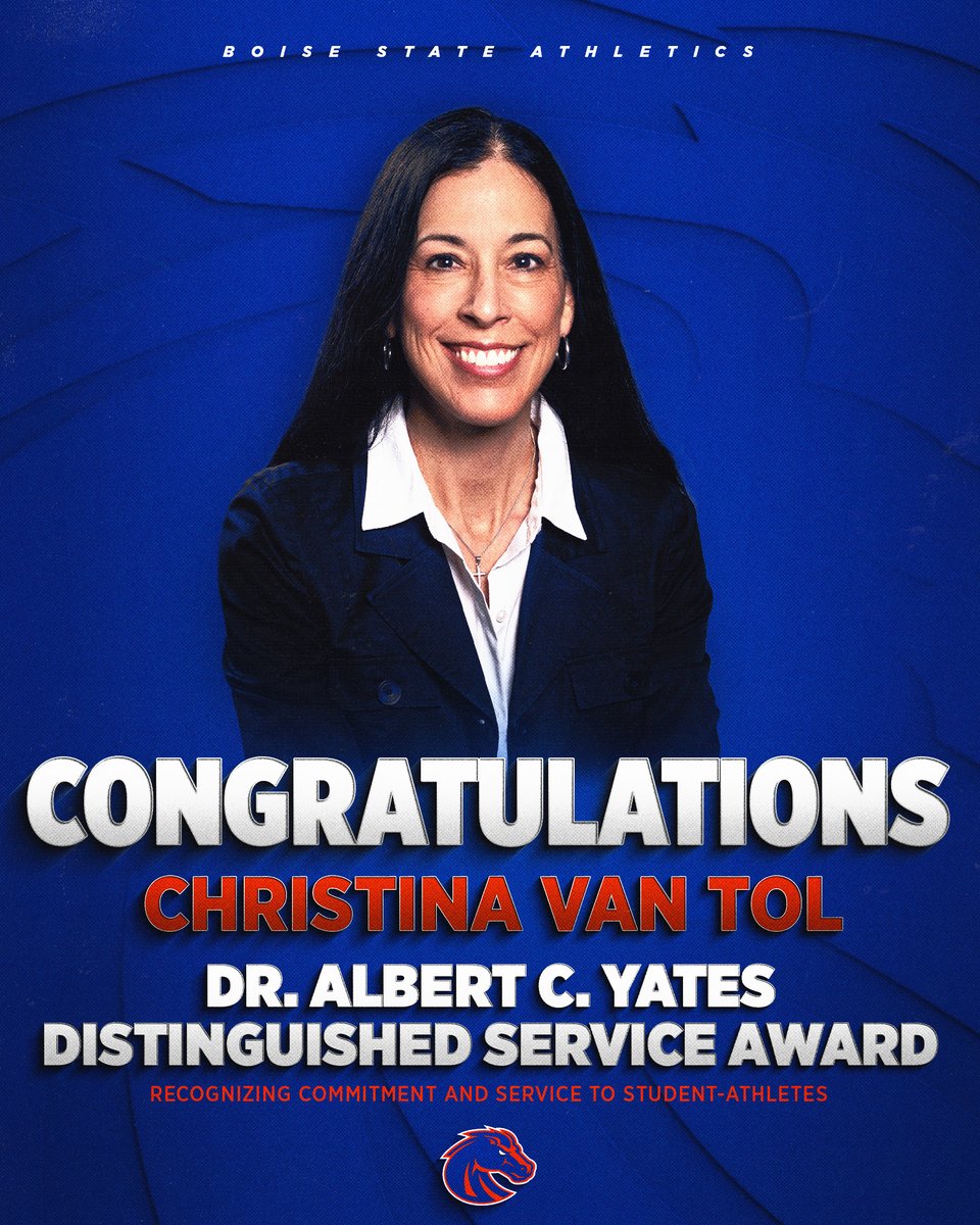 BroncoSports's tweet photo. 𝗢𝗡𝗘 𝗢𝗙 𝗔 𝗞𝗜𝗡𝗗 🔵🟠

Christina Van Tol has been named the recipient of the Dr. Albert C. Yates Distinguished Service Award, recognizing her decades of selfless leadership and lasting impact on student-athletes! 

➡️ https://t.co/tRrxCVk1m9

#BleedBlue | #WhatsNext https://t.co/78KmSEbrau