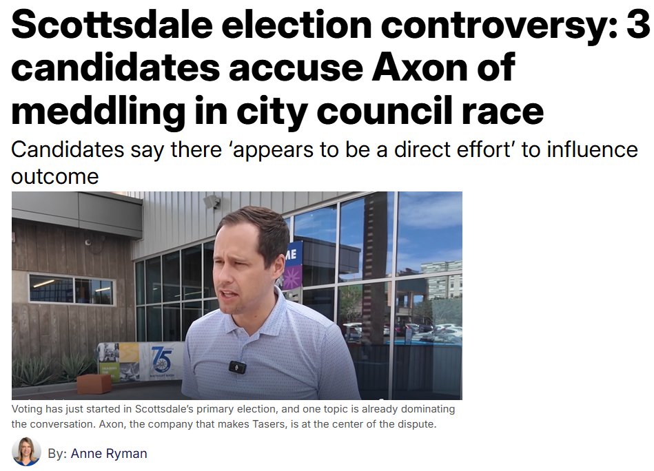 BarrySGraham's tweet photo. Early voting is underway — and @anneryman with @abc15 just exposed how Axon's front group 'Better Together' is blanketing Scottsdale with propaganda to buy the City Council election. 📢

Axon's apartment developers are on track to spend record money in a Scottsdale City Council race. Why? They want to aggressively upzone their massive apartment campus from 1,200 dense units to 2,500 or more — they just need to help elect their rubber-stamp loyalists to do it. 💰💰💰

This is bigger than one development — Scottsdale’s independence is on the line.