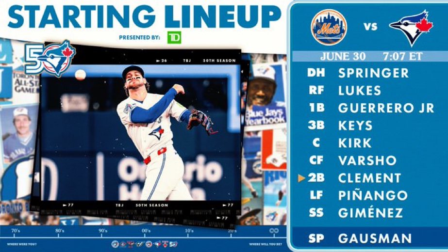 MLB_BlueJaysFR's tweet photo. Alignement de ce second de la série
Keys obtient sa 2eme titularisation , cette fois en 3B
#BlueJays50 #FrMLB https://t.co/6KYWec6g2n