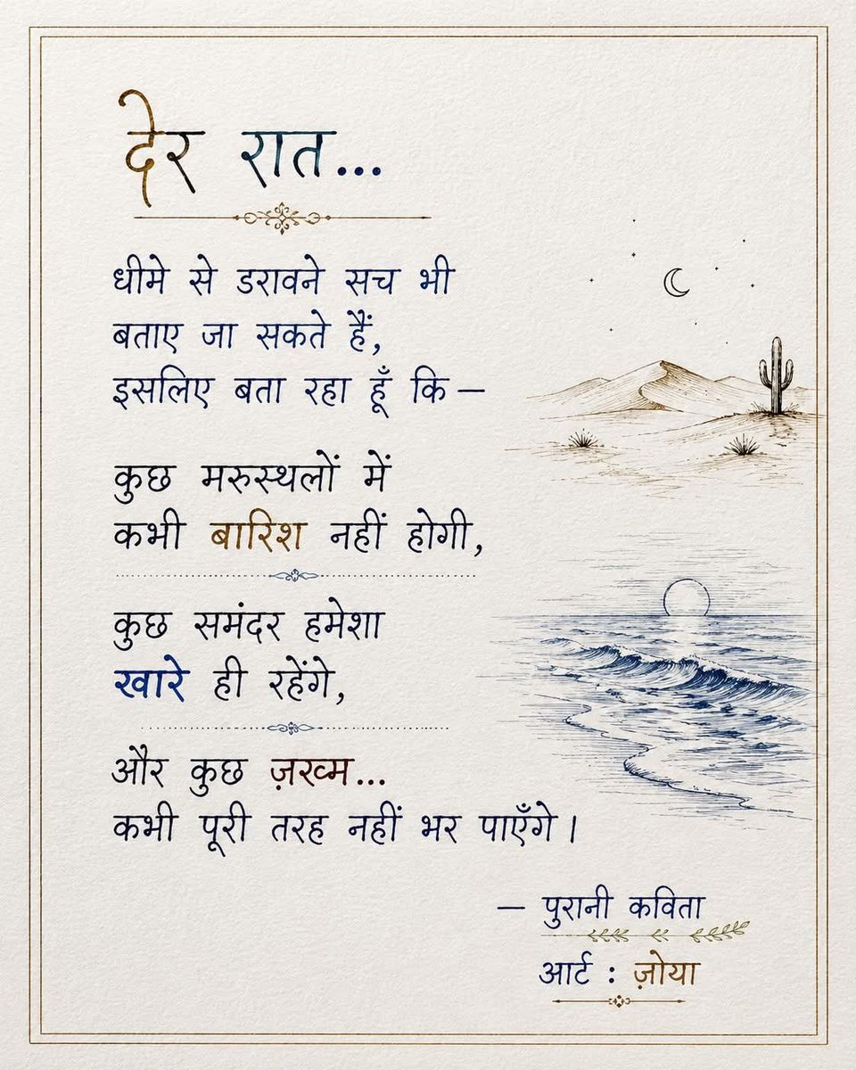 Kitabganj1's tweet photo. देर रात 
धीमे से डरावने सच भी
बताये जा सकते हैं-
इसलिए बता रहा हूँ-
कि

कुछ मरुस्थलों में कभी नहीं होगी बारिश,
समुन्दर हरदम खारे ही रहेंगे,
और
कुछ ज़ख्म कभी नहीं भर पाएंगे।।

🔹 फफूँद 

(आर्ट : ज़ोया) https://t.co/00E7ilINcU