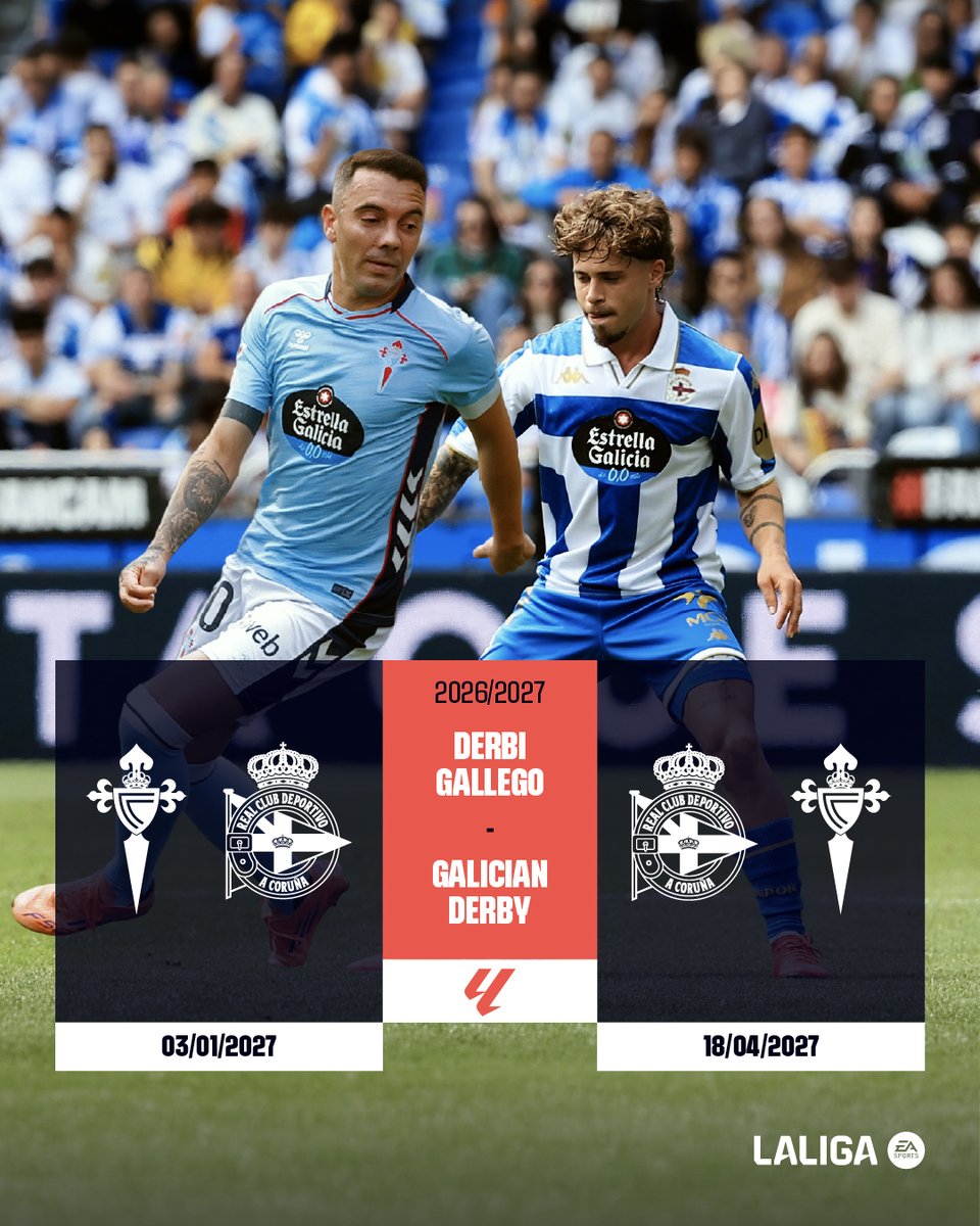 LaLiga's tweet photo. ‘O Noso Derbi’ está de vuelta. 🔙 🆚

📅 ¡Descubre cuándo se enfrentarán @rccelta y @rcdeportivo! https://t.co/hYYeuiYUOL