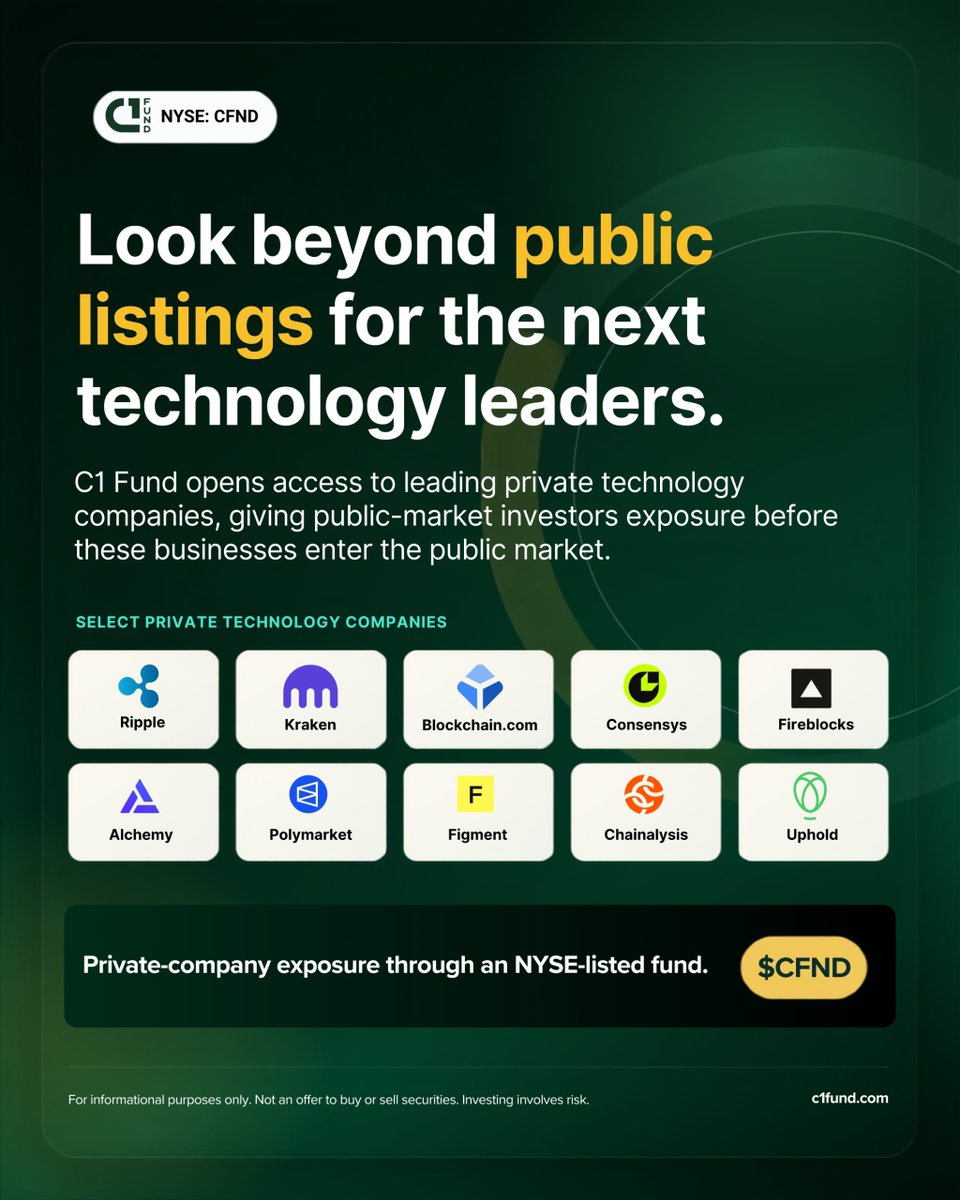 C1_Fund's tweet photo. Some of the next tech leaders may stay private longer. 

C1 Fund positions NYSE:CFND as a public-market route to that pre-listing exposure. https://t.co/JiDjfjfEwV