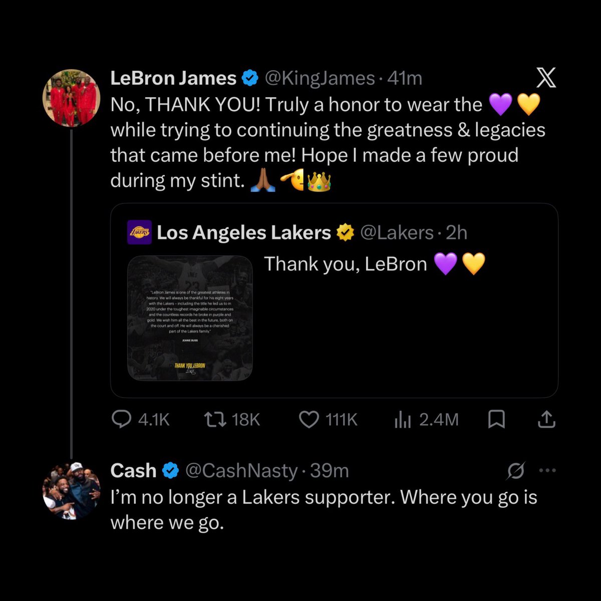 scubaryan_'s tweet photo. BREAKING: Cash Nasty is officially no longer supporting the Los Angeles Lakers after LeBron James announced he won’t return 😳

“where you go is where we go.” https://t.co/DRKFTvfJ0S