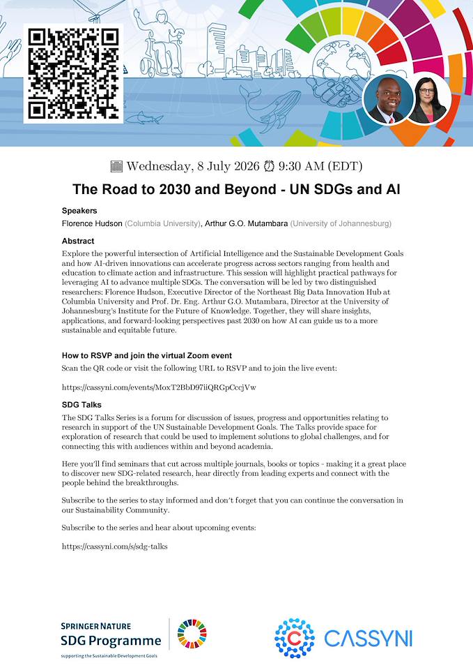SpringerEng's tweet photo. Webinar Alert - June 30th, 9:30am ET

Florence Hudson (Columbia University) and Arthur G.O. Mutambara (University of Johannesburg + former Deputy Prime Minister of Zimbabwe) will discuss how AI can guide us to a sustainable and equitable future. 

https://t.co/ZOsgG4ztDY https://t.co/9KbC1EGC6s