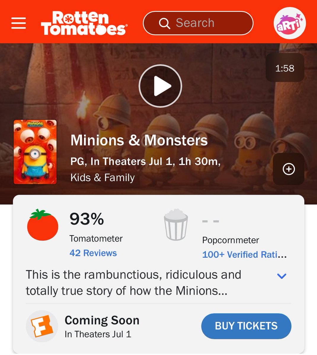 CultureCrave's tweet photo. ‘Minions &amp; Monsters’ debuts to 93% on Rotten Tomatoes 🍅 

Illumination’s highest-rated film ever https://t.co/Bj7yBKuV5I