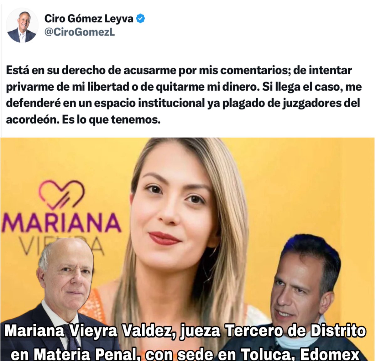 MglMauricio's tweet photo. Señor Ciro Gómez Leyva:
¡Deje de engañar a su audiencia!
La juez Mariana Vieyra Valdez absolvió a Israel Vallarta el 31 de julio de 2025 en el sistema anterior y lo liberó al día siguiente. Los jueces electos entraron en funciones hasta el 1 de septiembre.
La jueza tiene más de 16 años de trayectoria. Usted llama “secuestrador” a un hombre absuelto que pasó casi 20 años sin sentencia y víctima de un montaje periodístico de Carlos Loret de Mola @CarlosLoret quien lo reconoce públicamente, pero defiende como “inocente” a su amigote Genaro García Luna, que sí fue condenado por narcotráfico en una corte de Brooklyn.
Su “periodismo” se basa en sus creencias personales, no en hechos. Si Vallarta lo demanda, se lo tiene bien merecido. El micrófono no lo hace juez, experto en materia penal, ni lo pone por encima de la ley. RT 😡👇