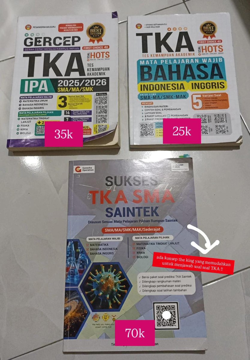 sasesassl's tweet photo. PRELOVED BUKU GO KLS 12, TKA, SNBT, GERCEP TKA, WANGSIT, ori 100%, bisa nego, bisa oren, yang berminat bisa langsung dm yaa 🫰🏻 #studytwt #prelovedbuku #wts #ganeshaoperation #wangsit #tka #snbt #zonauang https://t.co/biZds7mGae