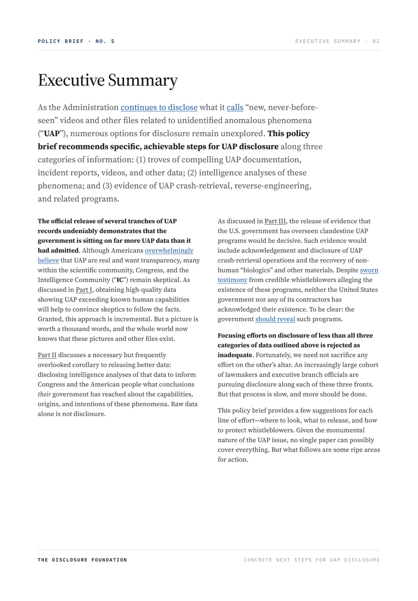 disclosurefound's tweet photo. 🧵 We have released a new policy brief, Concrete Next Steps for UAP Disclosure, authored by @ChrisKMellon, Adm. @GallaudetTim, and Kirk McConnell.

The brief argues that disclosure should now move along three concrete lines of effort: release compelling UAP documentation and sensor data, disclose the government’s intelligence analyses, and reveal evidence of crash-retrieval, reverse-engineering, and related programs.