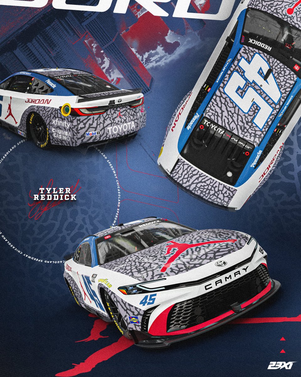 23XIRacing's tweet photo. Perfect for the July 4th weekend. 🔴⚪️🔵

@TylerReddick  will hit the track at @ChicagolndSpdwy in the “True Blue” Air Jordan 3 inspired No. 45 @Jumpman23 Toyota Camry! https://t.co/qo8qn6qOHe