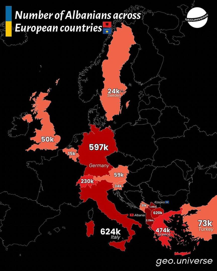 maps_crafting's tweet photo. Map idea: Number of albanians across european countries https://t.co/oyLwP2qlgZ