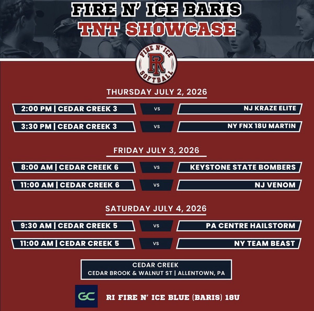 ZoeFortin05's tweet photo. Back on the road again to the TNT Showcase this weekend! here’s the schedule⬇️⬇️ 🧨🧨
@fire_ri @CoachFons_Brown @jbaris3 @WBSportsRecaps @ncsa @One11Recruiting @ExtraInningSB @NCAASoftball https://t.co/r3wNHcwh0U