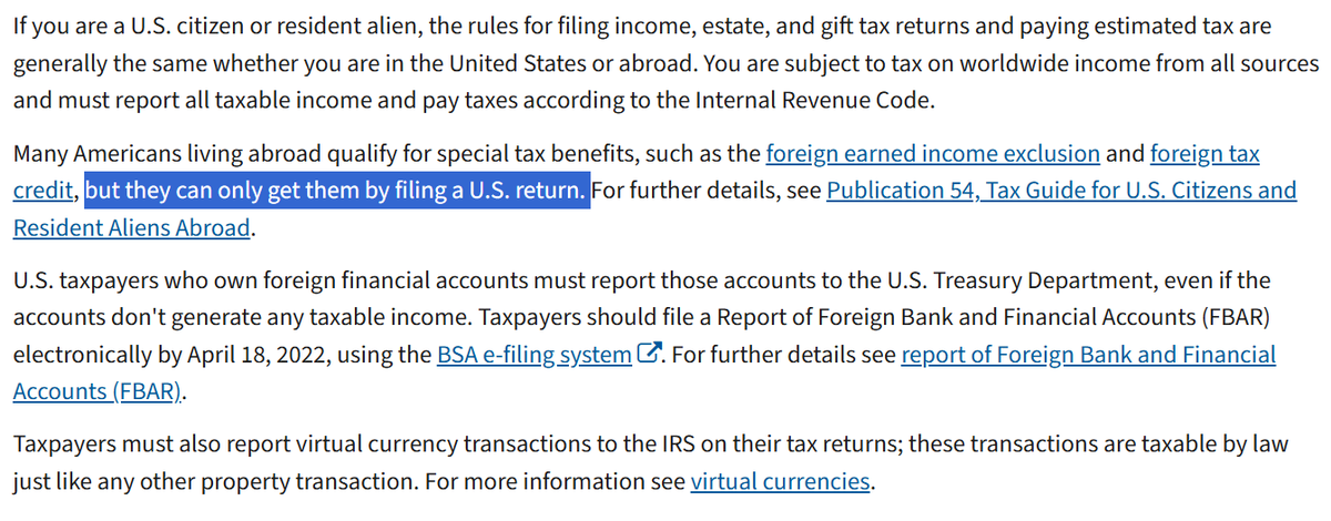 chriswithans's tweet photo. If you're a U.S. citizen and you're living abroad, you have to file taxes on your income.  Doesn't matter where it's from.  And if you want exclusions or credits, you still have to file.  (This is the #1 reason why departing Americans renounce their citizenship.)

The IRS should be mining foreign countries looking for "anchor babies" and other citizens who aren't filing.  Instead of obsessing about whether your grandma reported her Etsy knitting earnings, they should be focused on this.

And then you can give them a choice:  renounce your citizenship or pay back taxes on everything you owed, including penalties.