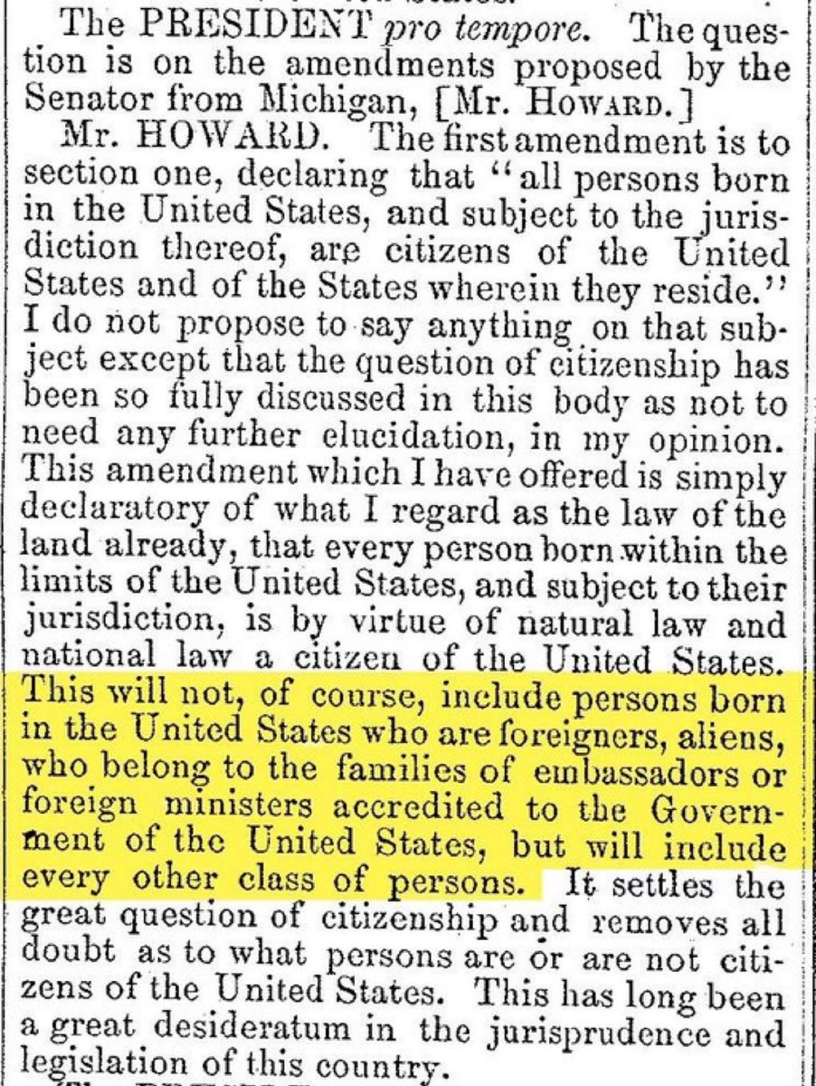 AlGeneRobi96834's tweet photo. A serious question.

If the principal author of the Fourteenth Amendment explicitly stated that it would not include “foreigners” and “aliens,” how did we arrive at an interpretation that grants automatic citizenship regardless of a parent’s immigration status?

Did the Court get the original meaning wrong, or has the meaning of the Fourteenth Amendment drifted over time?

Read the debates. Read the text. Then decide for yourself.

#AStoneGroove #SilentMajoritySpeaks