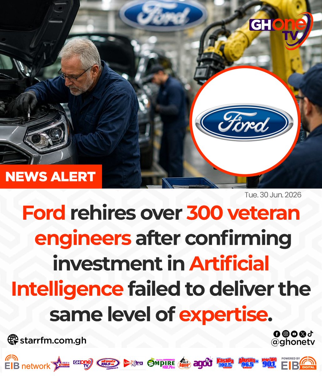 ghonetv's tweet photo. Ford rehires over 300 veteran engineers after confirming investment in Artificial Intelligence failed to deliver the same level of expertise...

#GHOneNews #EIBNetwork 
#GHOneTV #NewsAlert https://t.co/LAAtHoKGHK