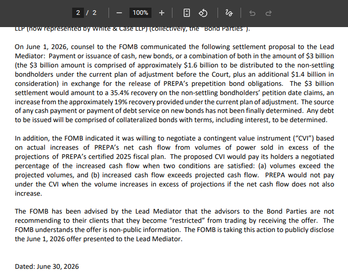 cate_long's tweet photo. After US Supreme Court ruled against Slaughter in the FTC case (ruling President Trump has authority to remove members of independent agencies like he has for the Puerto Rico OBoard) the OBoard publicly disclosed a unserious offer made to Prepa bondholders on June 1 #muniland.

This is probably the clearest evidence that OBoard members & @proskauer have read the tea leaves and know they will be removed & are trying to show President Trump they can do something other than litigate against bondholders for 9 years.

The offer is ridiculous  for numerous reasons chief among them it offered to pay bondholders that had previously agreed to a higher payout the same higher payout even though that violates the Bankruptcy Code & those bondholders are now legally part of  98% of creditors that are acting in unison.

President Trump must move quickly to decisively and conclusively dismiss the removed OBoard members. They have made an enormous disaster out of Puerto Rico's most essential service.

https://t.co/L9rPg9HYC3