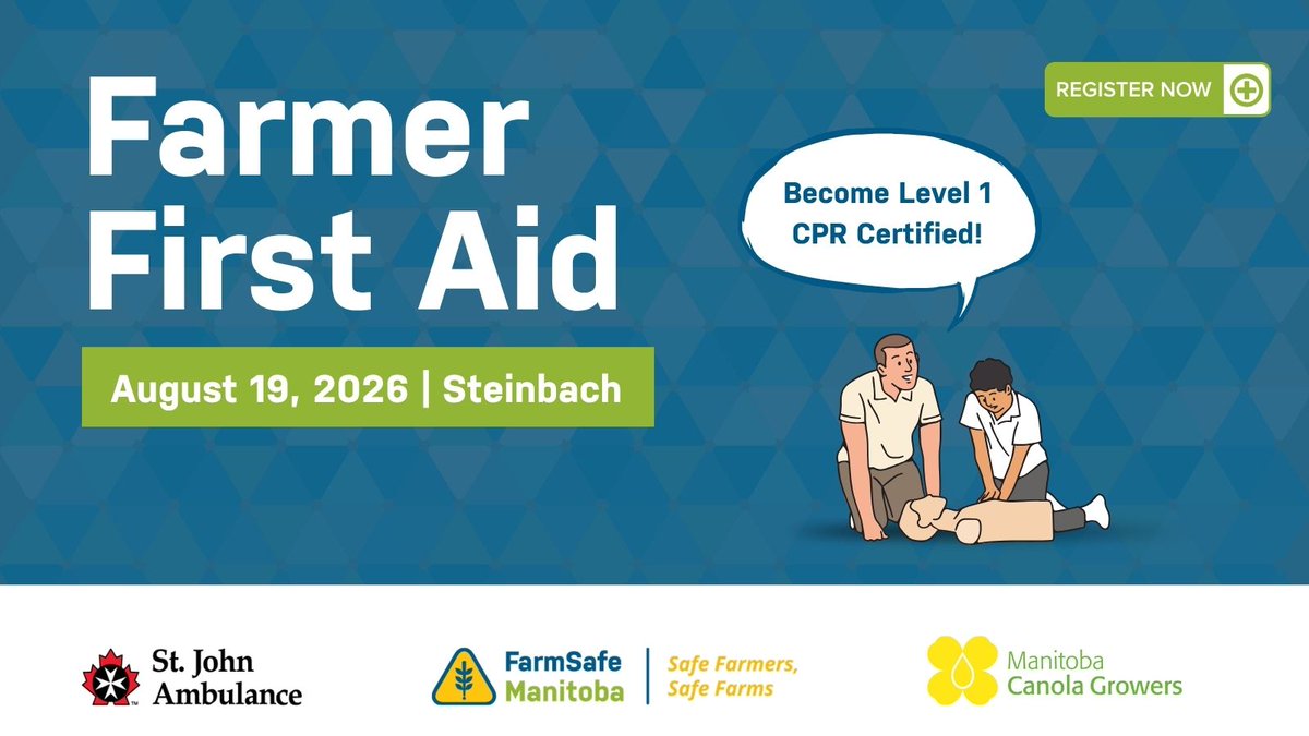FarmSafeMB's tweet photo. Farmer First Aid is back, starting in Steinbach!

Learn First Aid skills and better understand the unique issues related to farm emergencies.  Space is limited, lunch is provided, and more course dates will be announced soon!

Register: https://t.co/9Mq5NJgYYm https://t.co/EOZHwBCYFN